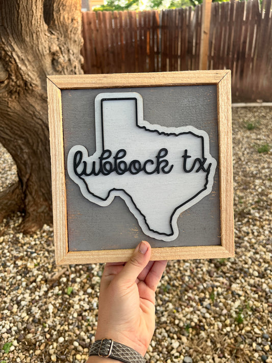 "Lubbock TX" Texas Shape Wood Sign