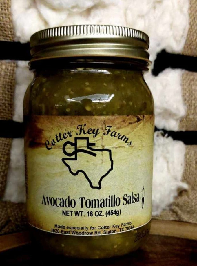 Cotter Key Farms, Lubbock, Texas, Out West Mercantile, Pecan Ridge, Slaton, Texas, Bakery, Gift Shop, Salsas, Sauces, Jams, Gift Items, Near Lubbock, Avocado Tomatillo Salsa